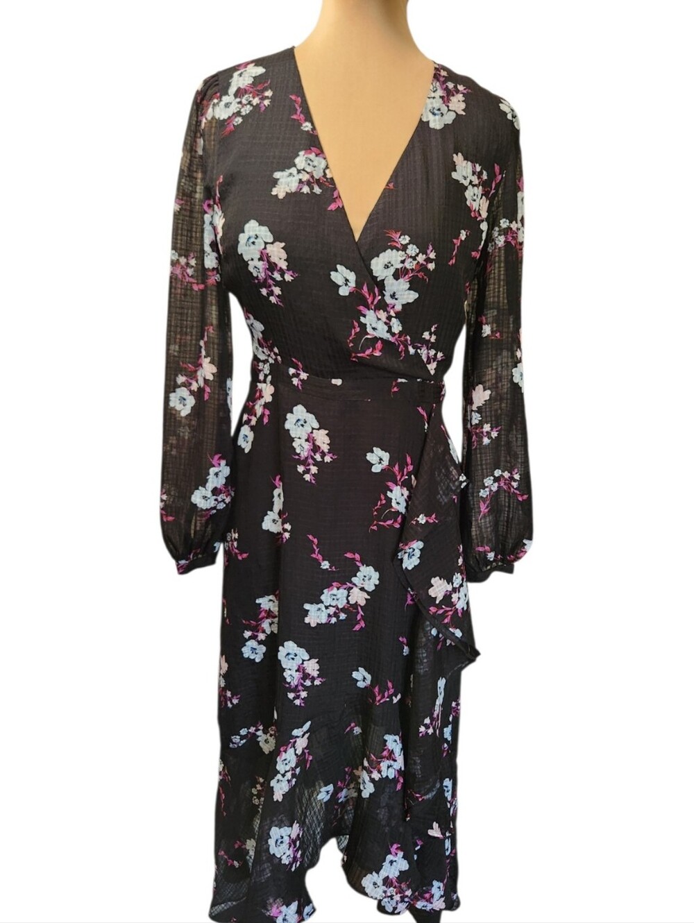 BANANA REPUBLIC Floral Print High Low Faux Wrap Midi Dress - Size 12 - Picture 3 of 16